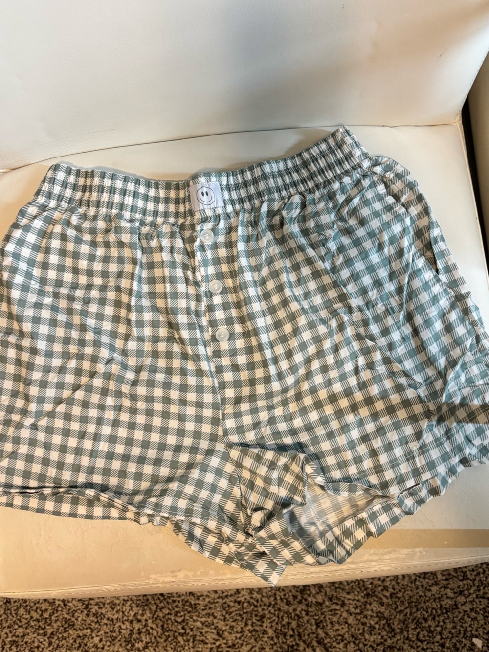 Gingham Button-Front Lounge Shorts in Sage Green and White